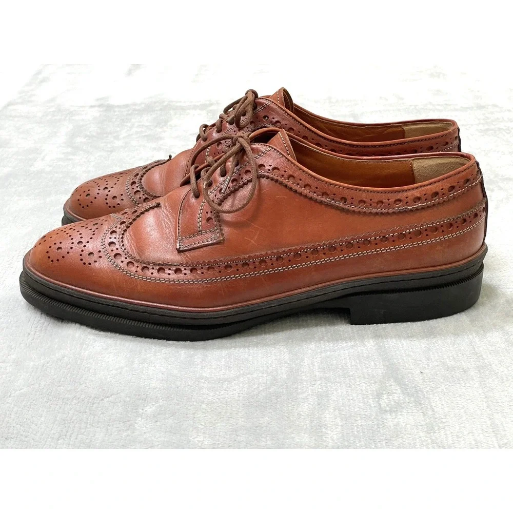 Pollini Linea Torpedo Men's 10 Cognac Leather Wingtip Brogue Oxfords Italy